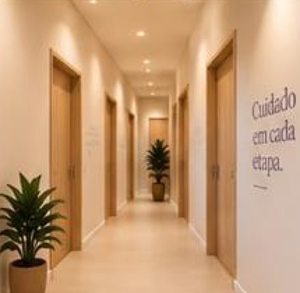 Corredor claro com portas de madeira e a frase Cuidado em cada etapa