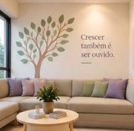 Sala de espera com sofá claro, árvore na parede e a frase Crescer também é ser ouvido
